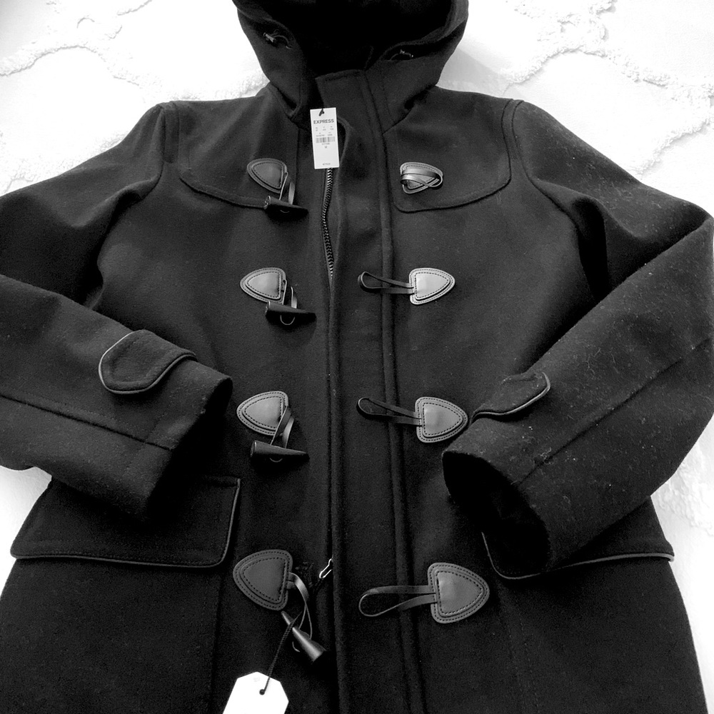 New 5 pocket black wool coat with hood.